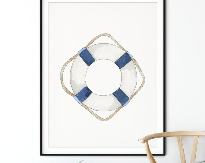 Ring Buoy Wall Art, Navy Beach Art, Watercolor Painting, Coastal Art Print, Life Preserver, Sailing Art, Nautical Buoy Art