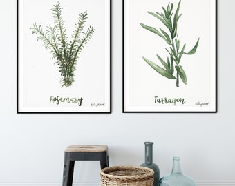 Rosemary Tarragon Set of 2 Herb Art Print Medicinal Plants Green Botanical Illustration Kitchen Wall Prints Dining Room Watercolor Painting