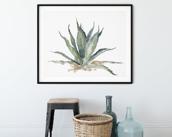 Aloe Succulent Green Botanical Print, Abstract Watercolor Painting, Aloe Vera Medicinal Cactus, Living Room Decoration, Aloes Plant Art