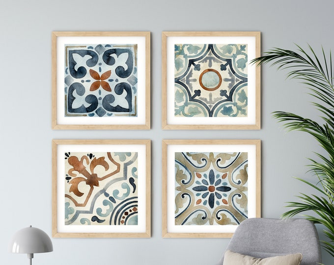 Set of 4 Spanish Tiles, Farmhouse Decor, Rustic Gallery Wall Set, Square Prints, Blue and Cream Pattern Tile, Cement Tile Art, Moroccan Tile