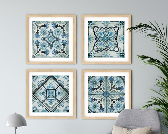 Set of 4 Spanish Tiles, Farmhouse Decor, Rustic Decor, Gallery Wall Set, Square Prints, Blue Pattern Tile, Cement Tile Art, Moroccan Tile