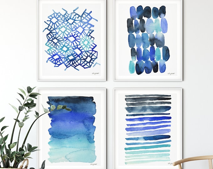 Abstract prints Set of 4, Blue and Turquoise Watercolor Painting, Stripes Home Decor, Art Prints, Minimalist Art, Abstract Art, Modern Art