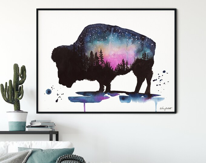 Buffalo Print, Bison Print, Watercolor Painting, Galaxy Wall Art, Boho Nursery, Buffalo Watercolor, Animal Nursery Art, Boho Bison Poster