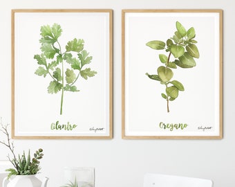 Kitchen Herbs Set, Cilantro Oregano Watercolor Painting, Herb Art Print, Farmhouse Decor, Watercolor Botanical Poster Home Decor, Set of 2