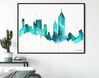 Impresión del horizonte de la ciudad de Nueva York, arte de la pared del paisaje urbano, pintura abstracta, regalo de viaje NYC, cartel de Nueva York, horizonte de la ciudad, pintura de la acuarela de la ciudad