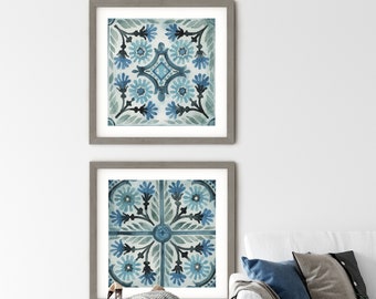 Set of 2 Spanish Tiles, Pattern Tile Wall Art, Watercolor Painting, Rustic Decor, Gallery Wall Set, Farmhouse Cement Tile Art, Moroccan Tile