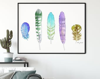Colorful Feather Wall Art, Watercolor Painting, Feather Decor, Feather Art Print, Nursery Decor, Kids Room Wall Art, Boho Home Decor