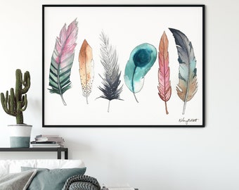 Coloridas plumas arte de la pared, pintura de la acuarela, decoración de la pared de plumas, decoración boho pluma, arte de la pared de la guardería, decoración de la habitación de los niños