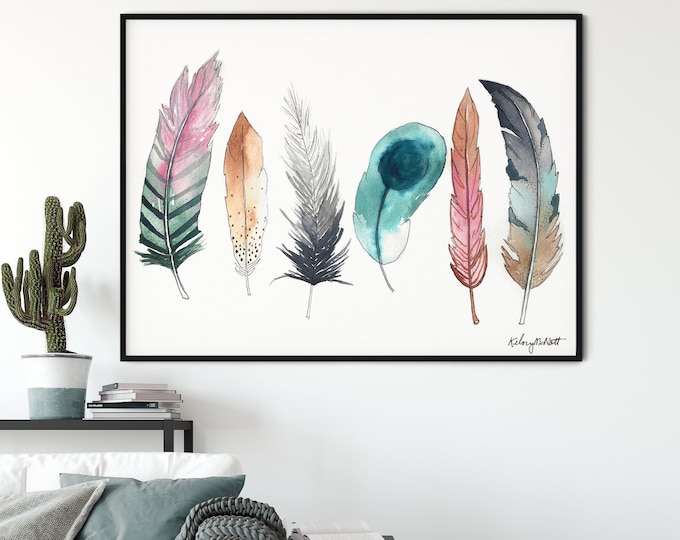 Colorful Feathers Wall Art, Watercolor Painting, Feather wall decor, Feather Boho Decor, Nursery Wall Art, Kids Room Decor