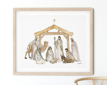 May include: A watercolor painting of the nativity scene with a star above the stable. The scene includes Mary, Joseph, baby Jesus, a donkey, a camel, a sheep, and three wise men.
