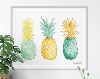 Pineapple Art Print, Kitchen Wall Decor, Pineapple Wall Art, Watercolor Painting, Pineapple Tropical Decor, Fruit Wall Art, Kitchen Wall Art