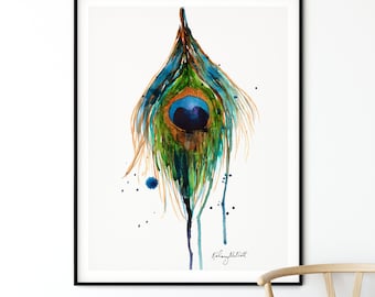 Peacock Feather Print, Feather Art Print, Modern Boho, Peacock Watercolor Painting, Boho Decor, Bird Feather, Bird Print, Feather Print