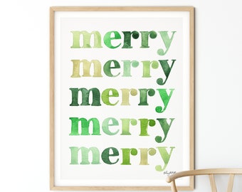 Merry Merry Holiday Art Print, Watercolor Painting, Green Christmas Art Print, Holiday Decor, Christmas Wall Art, Colorful Christmas Art