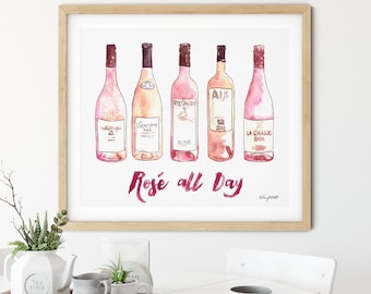 Rosé All Day, Watercolor Painting, Kitchen art, Wine art, Bar Cart Art, Kitchen Print, Wine Lovers, Rosé wine bottles, Bar Cart Wine Decor