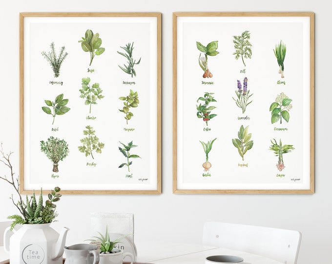 Set of 2 Kitchen Herb Chart Prints, Watercolor Painting, Sage Thyme Rosemary, Kitchen Painting, Kitchen Decor, herbalist botanical prints
