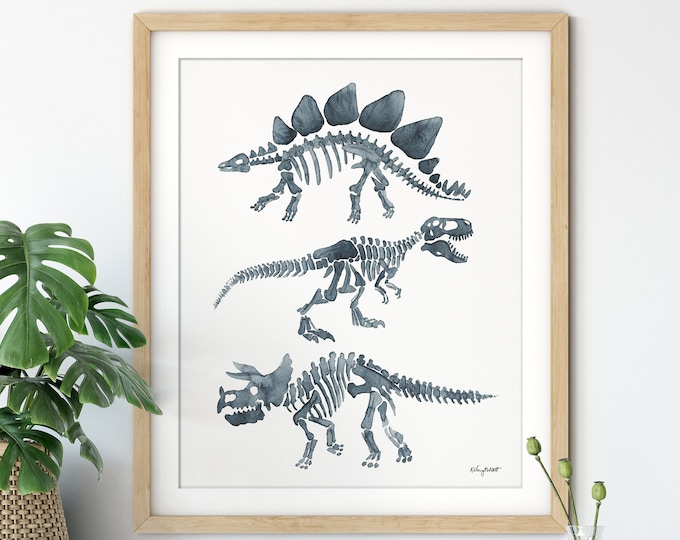 Dinosaur Skeleton Wall Art, Watercolor Painting, Dinosaur Nursery, Kids Room Dinosaur Decor, Boys Room Wall Decor, Dinosaur Bones Art Print