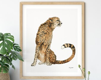 Arte de parede de chita, impressão de arte de leopardo, decoração de parede de animal, decoração de parede de safari, estampa de leopardo, ilustração de gato, decoração de casa Boho, arte em aquarela