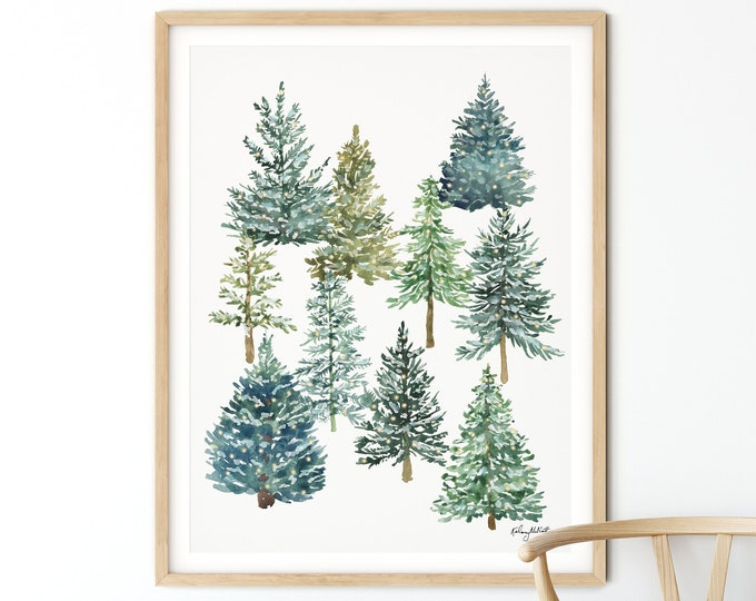 Christmas Tree Art Print, Christmas Wall Art, Evergreen Trees, Green Christmas Decor, Watercolor Christmas sign, Holiday Wall Art, Pine Tree