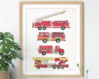 Fire Truck Chart Wall Art, Watercolor Painting, Fire Engine Art Print, Transportation Decor, Boy Room Decor, Emergency Vehicle Art Print