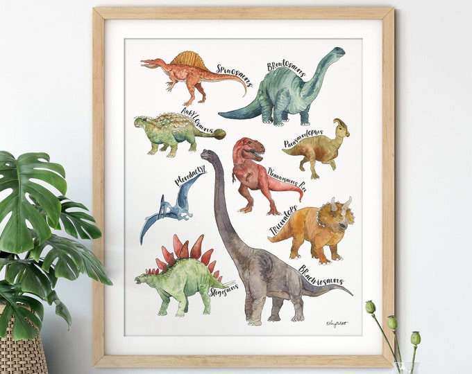 Dinosaur Chart Wall Art, Dinosaur Watercolor Painting, Dinosaur Nursery Art, Kids Room Dinosaur Decor, Boys Room Wall Decor, Dino Art Print