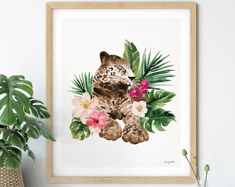 Tropical Leopard Wall Art, Watercolor Painting, Palm Leaf Art Print, Botanical Cheetah Tropical Wall Decor, Boho Art, Leopard Jungle Poster