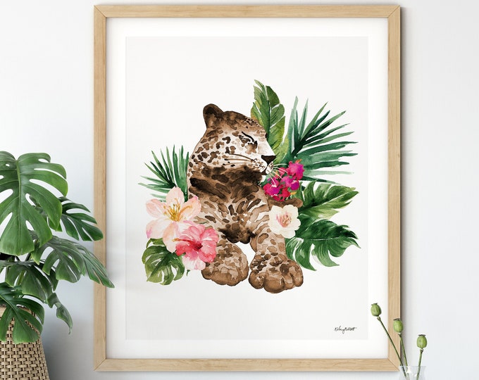 Tropical Leopard Wall Art, Watercolor Painting, Palm Leaf Art Print, Botanical Cheetah Tropical Wall Decor, Boho Art, Leopard Jungle Poster