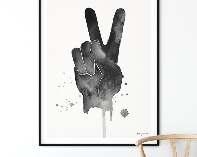Peace sign wall art, peace fingers, minimal decor graphic, hand signal print, World Peace Sign Watercolor painting, Hippie, kids room decor