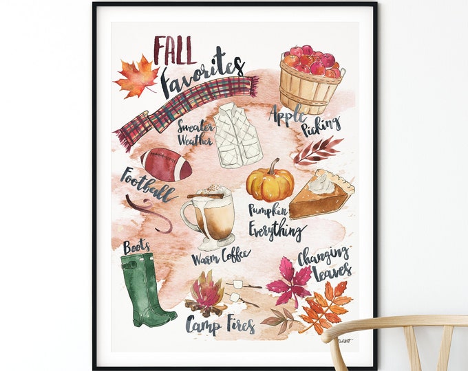 Fall Favorites Wall Art, Fall Watercolor Painting, Autumn Decor, Fall Home Decor, Fall Art Print, Apple Picking, Pumpkin Everything Art