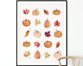 Fall Pumpkin Leaves Wall Art, Farmhouse Pumpkin Decor, Watercolor Painting, Autumn Art, Pumpkin Wall Decor, Rustic Fall Decor