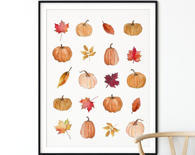 Fall Pumpkin Leaves Wall Art, Farmhouse Pumpkin Decor, Watercolor Painting, Autumn Art, Pumpkin Wall Decor, Rustic Fall Decor