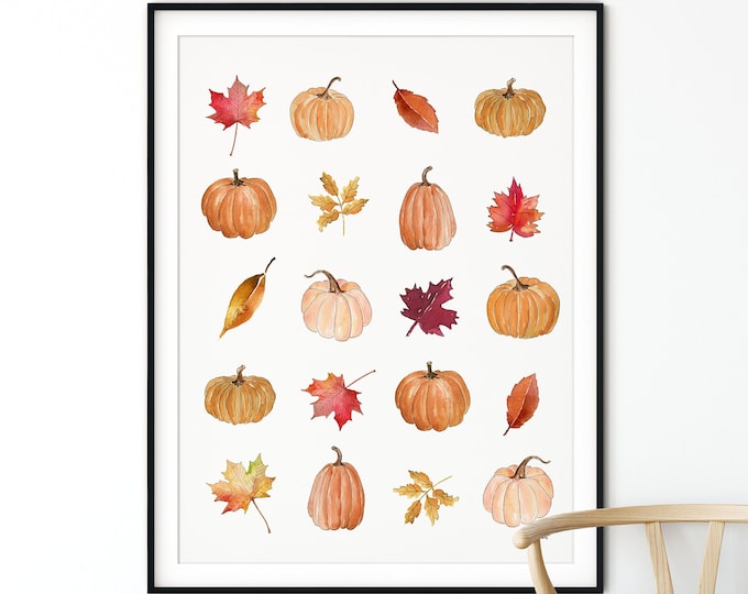 Fall Pumpkin Leaves Wall Art, Farmhouse Pumpkin Decor, Watercolor Painting, Autumn Art, Pumpkin Wall Decor, Rustic Fall Decor