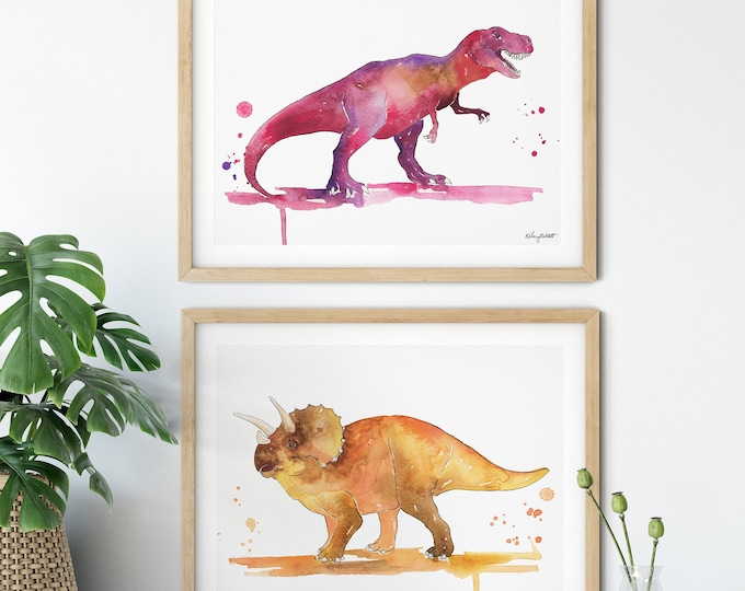 Set of 2 Dinosaur Prints, Dinosaur Nursery Art, TRex Dinosaur Watercolor Painting, Kids Dinosaur Art, Triceratops Print T-Rex Dinosaur Decor