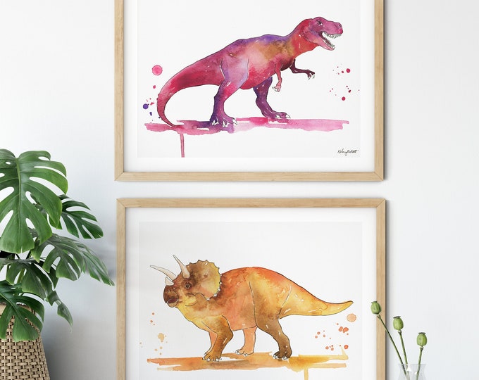 Set of 2 Dinosaur Prints, Dinosaur Nursery Art, TRex Dinosaur Watercolor Painting, Kids Dinosaur Art, Triceratops Print T-Rex Dinosaur Decor