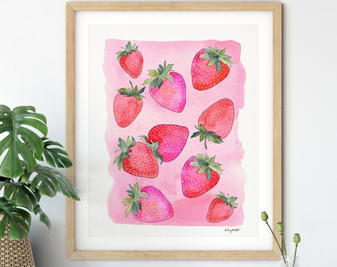 Strawberry Wall Art, Fruit and Botanical Watercolor Painting, Kitchen Wall Decor, Strawberries Art Print, Kitchen Art, Kids Room Wall Art