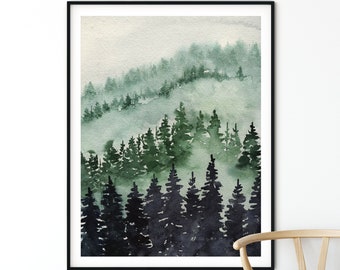 Forest Wall Art, Watercolor Painting, Forest Print Forest Poster Nature Print Evergreen Tree Wall Art, Nature Landscape Painting, Tree Print