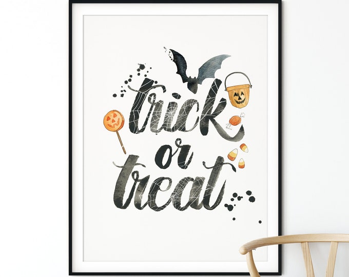 Black Trick or Treat Wall Art, Halloween Pumpkin Art Print, Watercolor Painting, Fall Wall Art, Halloween Decor, Pumpkin Wall Decor