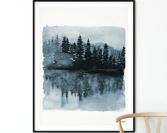 Blue Trees Watercolor painting, Forest Print, Nature Print, Landscape Print, Nature Tree Wall Art, Forest Print Living Room Decor, Woodland
