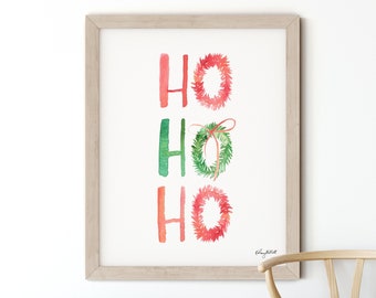 HO HO HO Holiday Print, Christmas Wreath Print, Christmas Wall Art, Seasonal Home Decor, Colorful Christmas, Watercolor Christmas sign