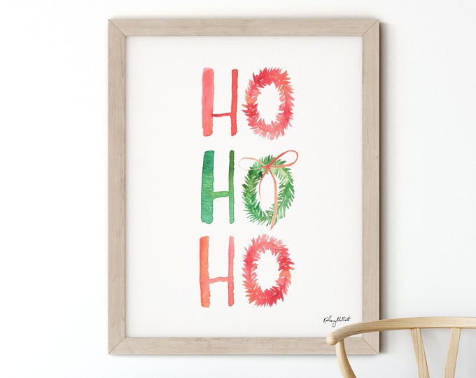 HO HO HO Holiday Print, Christmas Wreath Print, Christmas Wall Art, Seasonal Home Decor, Colorful Christmas, Watercolor Christmas sign