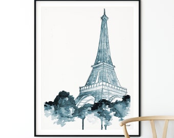 Blue Paris Watercolor Painting, Eiffel Tower Print, Paris Wall Art, Paris Poster, Blue Eiffel Tower Art, Travel Poster, Paris Home Decor