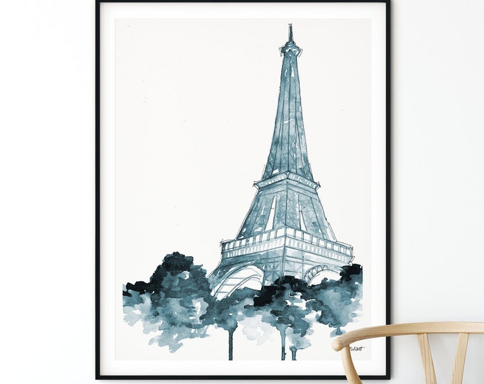 Blue Paris Watercolor Painting, Eiffel Tower Print, Paris Wall Art, Paris Poster, Blue Eiffel Tower Art, Travel Poster, Paris Home Decor