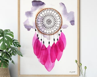 Dream Catcher Wall Art, Dreamcatcher Poster, Tribal Art Print, Pink Feather Art, Watercolor Painting, Pink Boho Dreamcatcher, Girl Room Art