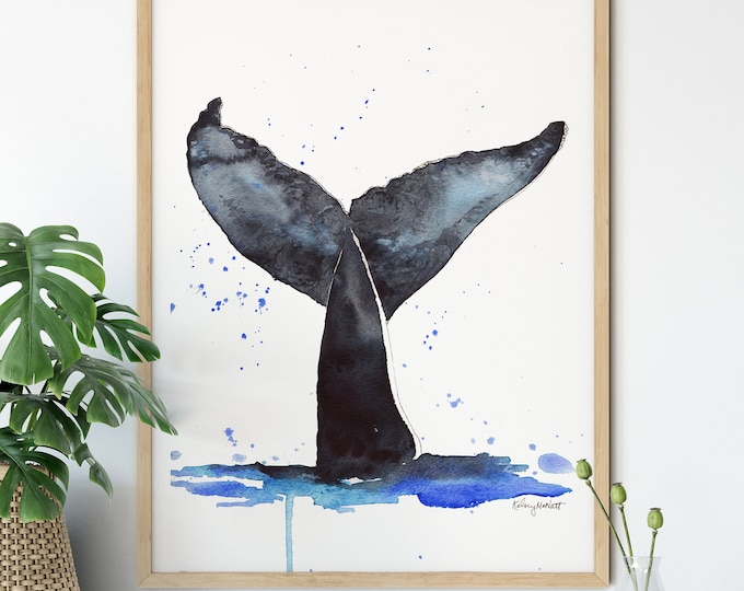 Whale Tail Print, Whale Wall Art, Nautical Decor, Watercolor Painting, Nursery Decor, Animal Wall Art Ocean Print, Beach Decor, Whale Poster