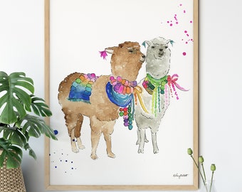 Llama Print, Llama Wall Art, Drama Llama Watercolor Painting, Nursery Decor, Bohemian Decor, Llama Kids Room Decor, Alpaca Print, Animal Art