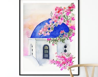 Santorini Blue Domes, Watercolor Painting, Greece Painting, Santorini Painting, Greece Print, Watercolor Santorini, Travel Print, Greece Art