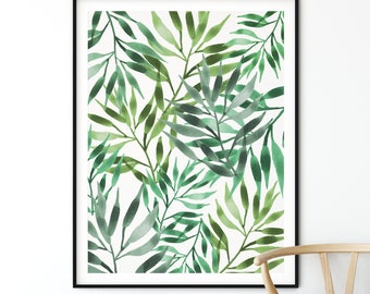 Leaf Print, Botanical Illustration Watercolor Painting, Tropical Plant Home Garden Wall Decor, Tropical decor, Summer Home Decor, Fern print