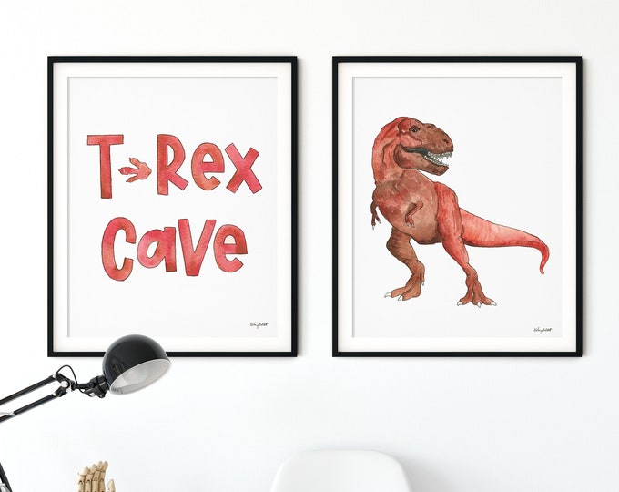 Set of 2 Dinosaur Art Prints, T-Rex Cave, T-Rex Wall Art, Dinosaur Nursery, Dinosaur Wall Decor, Tyrannosaurus Rex Art, Boy Room Decor
