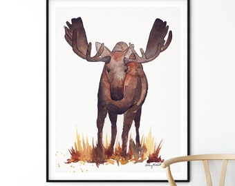 Moose Watercolor Nature Print, Moose Art, Moose Painting, Moose Print, Watercolor Illustration Woodland Animals, Moose Antlers, Boys Bedroom