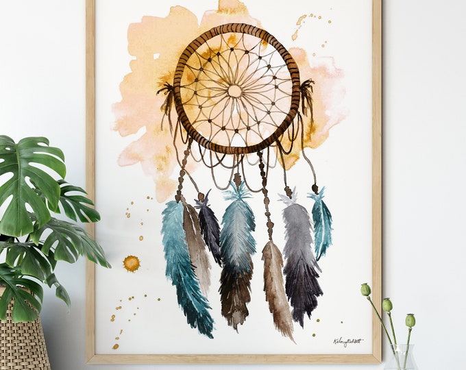 Orange Dreamcatcher Wall Art, Watercolor Painting, Feather Art Print, Native American Art, Boho Dreamcatcher Poster, Tribal Wall Art
