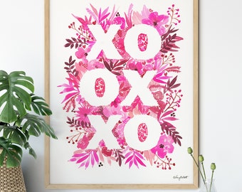 XOXO Valentines Day Art Print, Pink Floral Botanical Print, Valentines Decor, Watercolor Valentines Sign, Love Wall Art, Be Mine, XoXo art